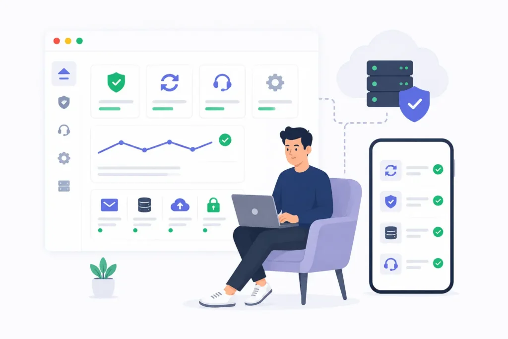 Illustratie van WordPress ondersteuning met updates, beveiliging, back-ups, Elementor beheer en technische website optimalisatie op desktop en mobiel.