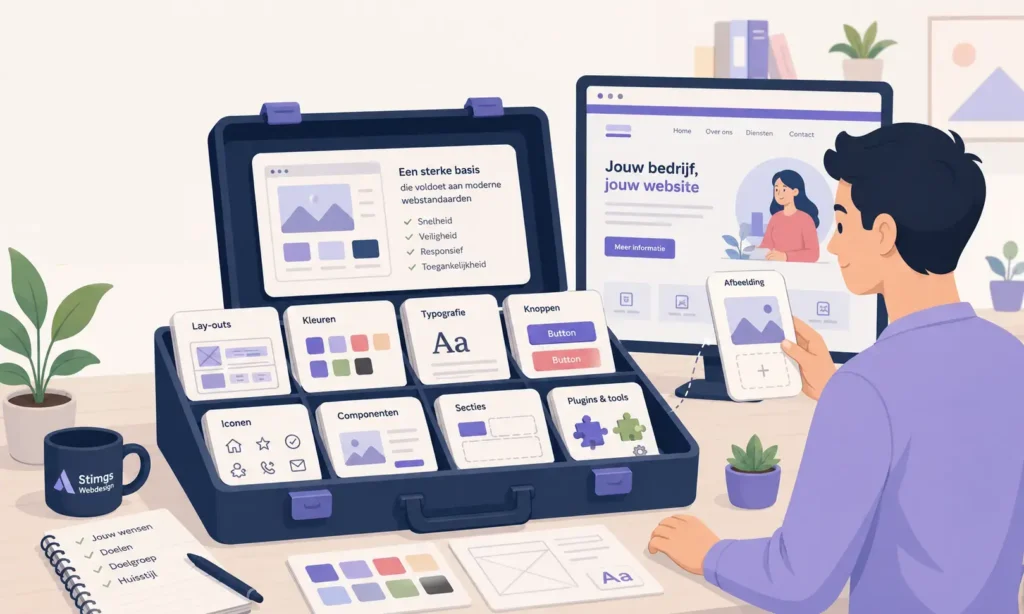 Illustratie van een webdesigner die een professionele website opbouwt vanuit een sterke basis met lay-outs, kleuren, typografie, knoppen, iconen, componenten en uitbreidbare functies afgestemd op een onderneming.