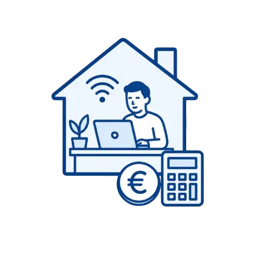 Pictogram van een webdesigner die vanuit een thuiskantoor achter een laptop werkt met een euroteken en rekenmachine als symbool voor lage bedrijfskosten en betaalbaar webdesign.