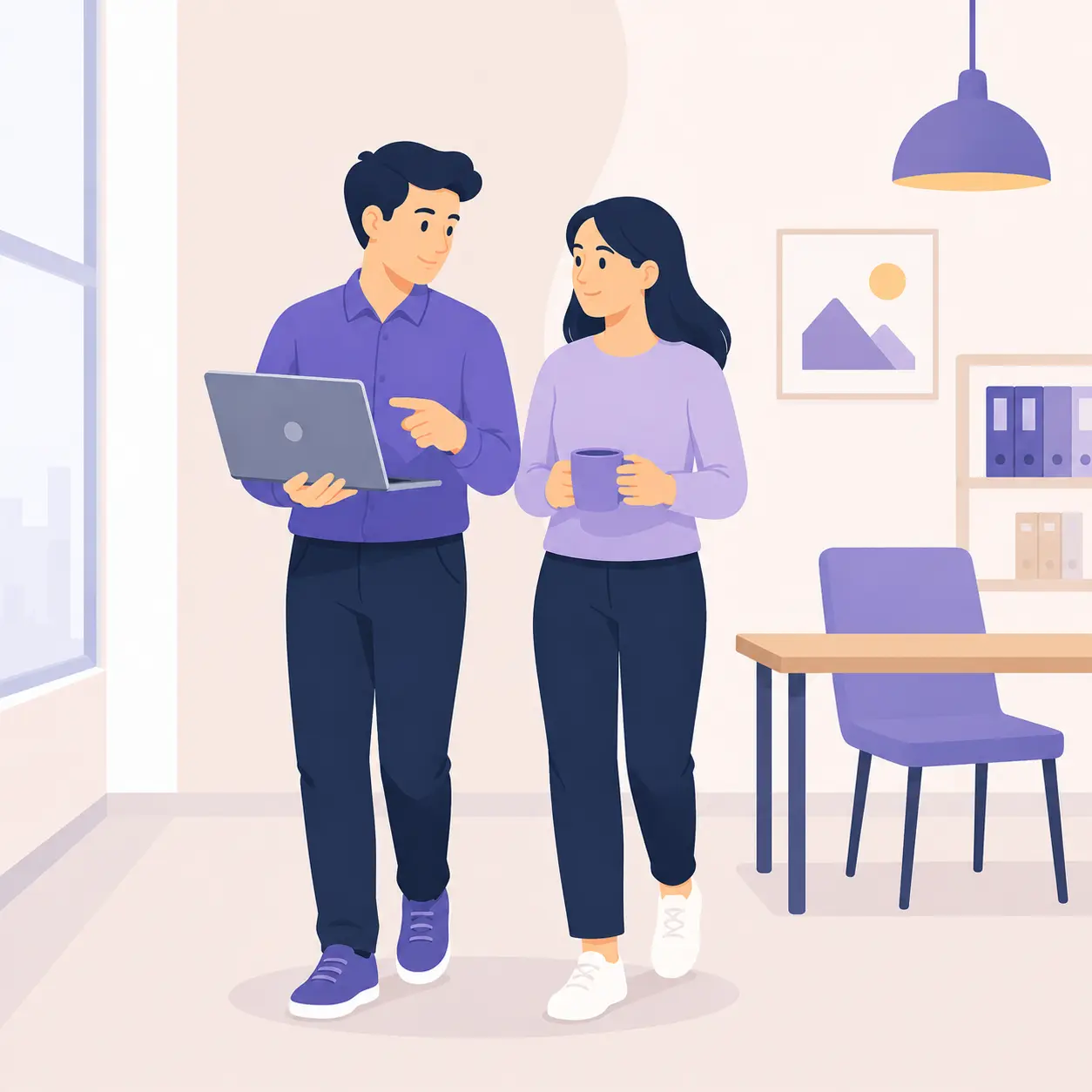 Illustratie van een webdesigner die samen met een klant een opgeleverde website bespreekt op een laptop, als onderdeel van de websiteoverdracht, uitleg en ondersteuning na oplevering.