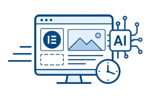 Pictogram van een computerscherm met een website, AI-chip en klok die moderne webdesigntechnologie en efficiënte websiteontwikkeling symboliseren voor een snellere oplevering.
