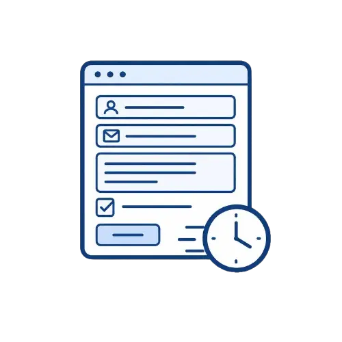 Pictogram van een online intakeformulier met een klok dat een efficiënte voorbereiding en sneller webdesignproces symboliseert.