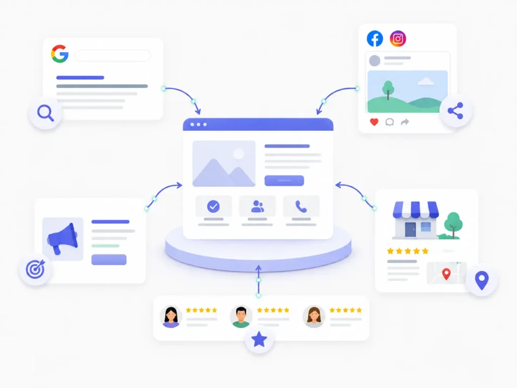 Illustratie van een website die is gekoppeld aan Google, social media, online reviews, online marketing en Google Bedrijfsprofiel voor meer online zichtbaarheid en nieuwe klanten.
