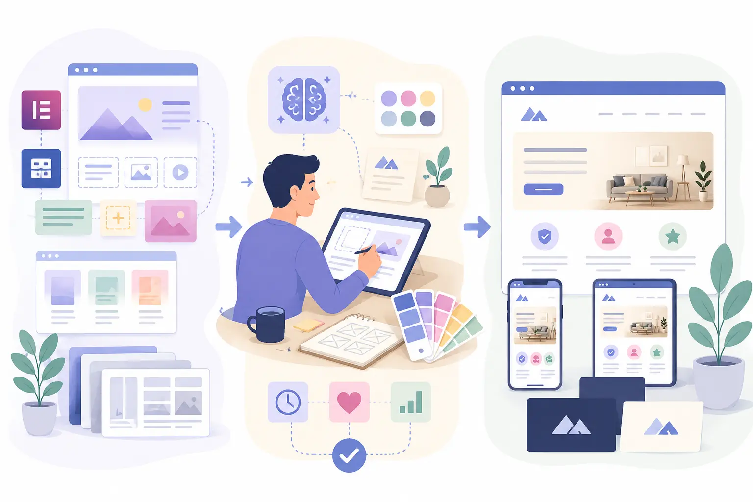 Illustratie van het ontwikkelproces van een professionele website waarbij ontwerp, vormgeving, AI, responsive webdesign en optimalisatie samenkomen tot een complete website voor desktop en mobiel.