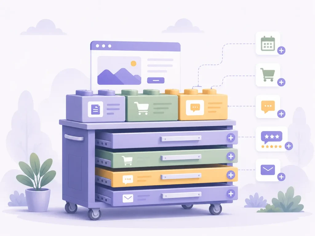 Illustratie van een modulaire website met uitbreidbare onderdelen zoals webshop, contactformulier, agenda, reviews en e-mailfunctionaliteiten.