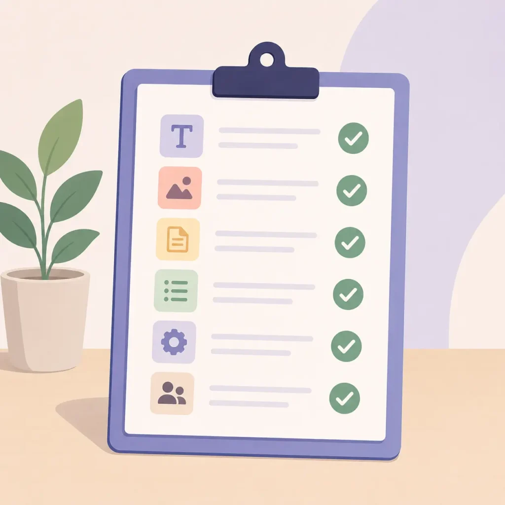 Illustratie van een checklist met onderdelen zoals tekst, afbeeldingen, instellingen en beheer, die een WordPress en Elementor handleiding voor zelfstandig websitebeheer symboliseert.