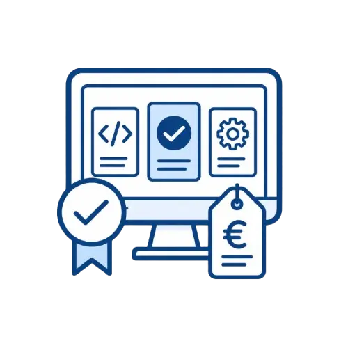 Pictogram van een computerscherm met softwaremodules, een kwaliteitskeurmerk en een prijslabel als symbool voor zorgvuldig gekozen webdesignsoftware met een goede prijs-kwaliteitverhouding.