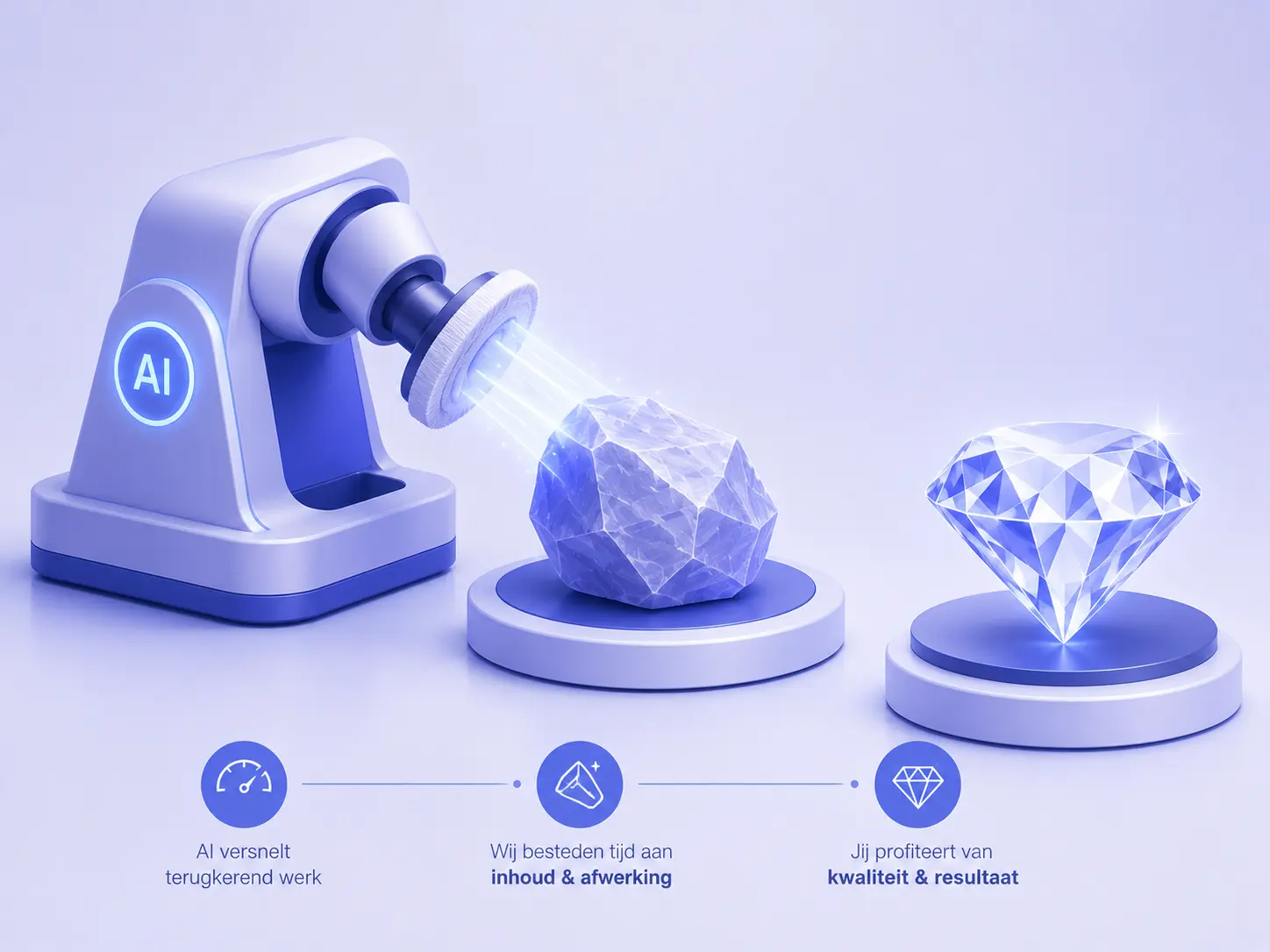 Illustratie van een AI-machine die een ruwe steen omzet in een geslepen diamant als symbool voor efficiënter webdesign, betere afwerking en hogere kwaliteit.