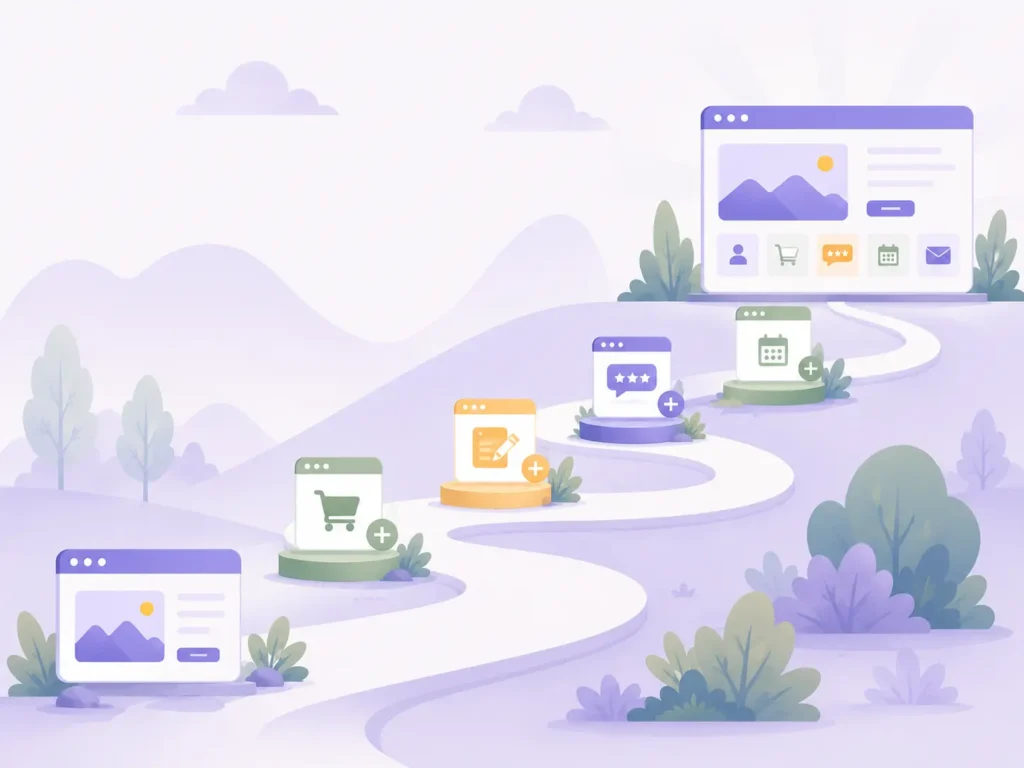 Illustratie van een website die stap voor stap wordt uitgebreid met nieuwe functies zoals webshop, formulieren, reviews, afspraken en klantcommunicatie.