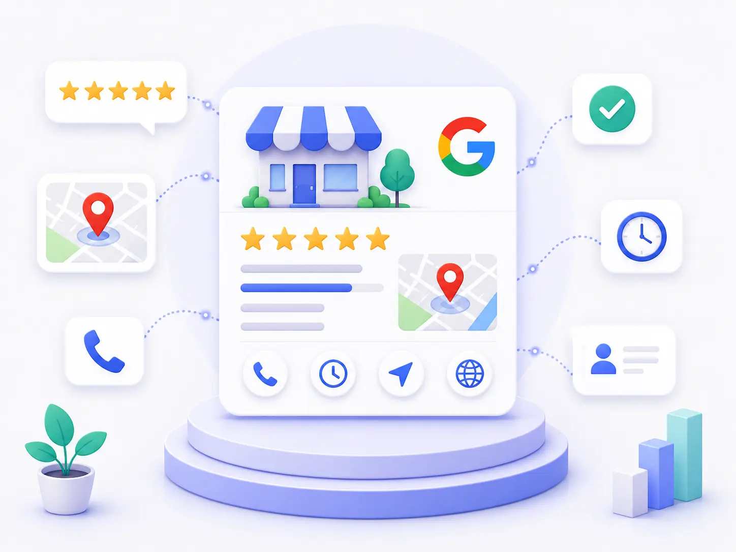 Illustratie van een Google Bedrijfsprofiel met bedrijfsinformatie, reviews, locatie, openingstijden, contactgegevens en website voor betere lokale vindbaarheid in Google.