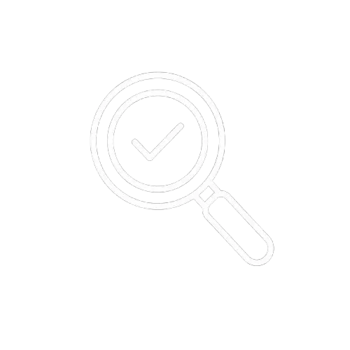 Pictogram van een vergrootglas met een vinkje als symbool voor kwaliteitscontrole, handmatige controle en het controleren van websites, webteksten en afbeeldingen.