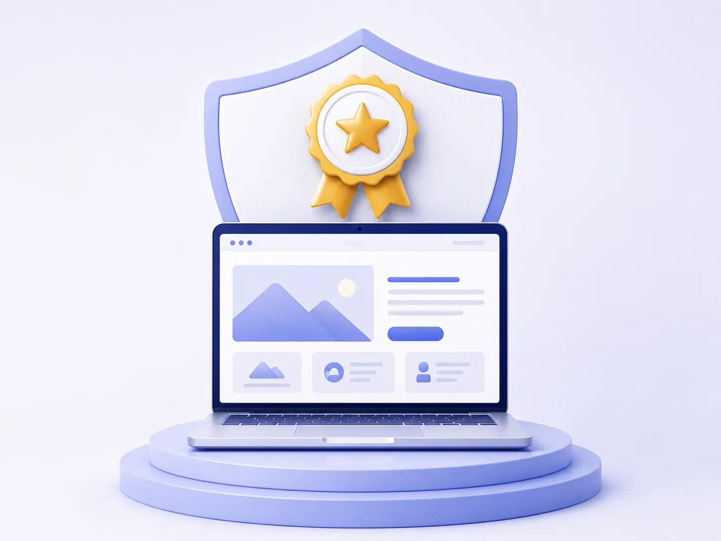 Illustratie van een professionele website op een laptop met een schild en kwaliteitskeurmerk als symbool voor betrouwbaarheid, veiligheid en vertrouwen.