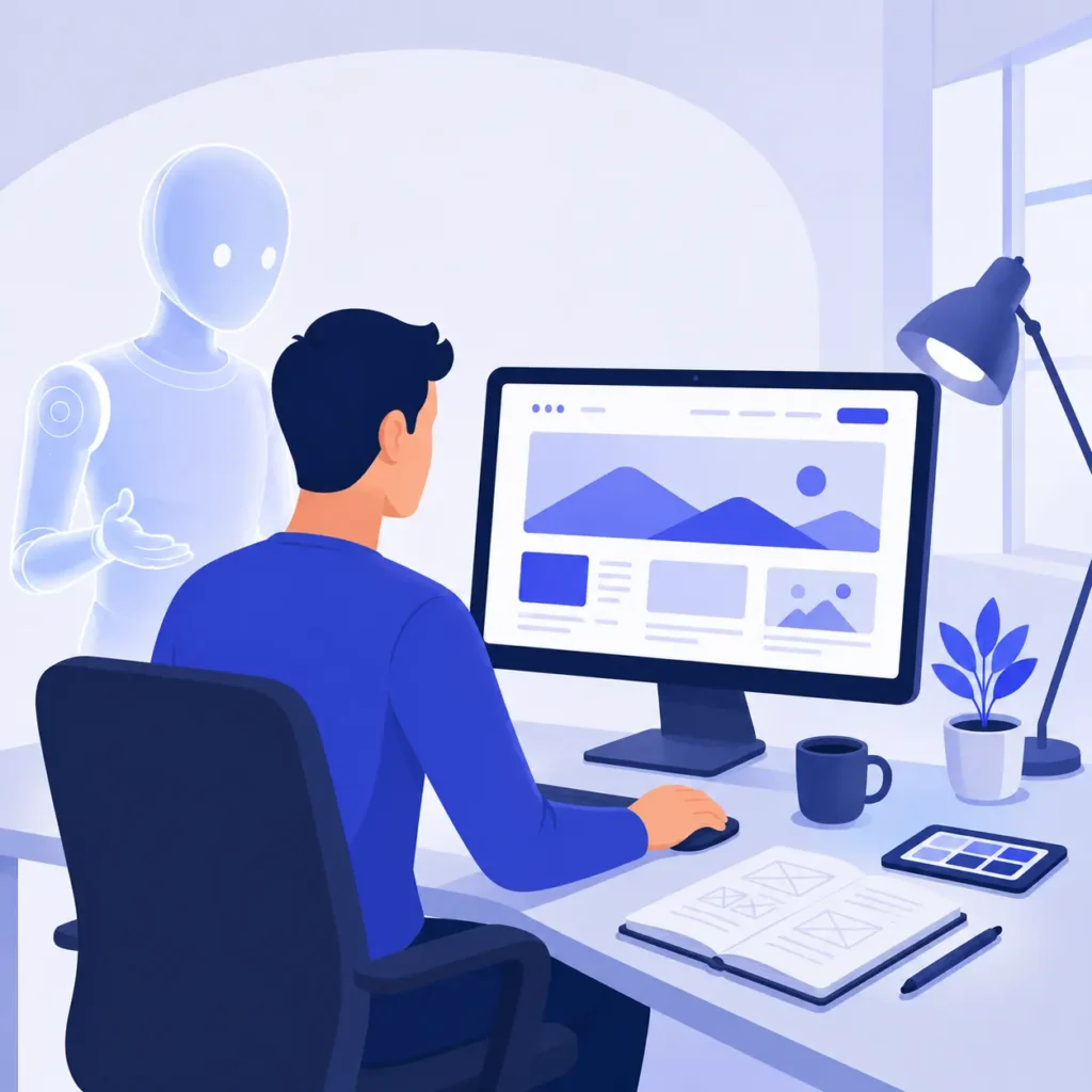 Illustratie van een webdesigner die samen met een AI-assistent aan een website werkt, waarbij de website handmatig wordt ontworpen, gecontroleerd en verbeterd.