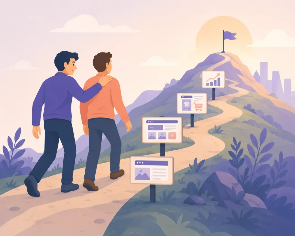 Illustratie van een webdesigner die samen met een klant een bergpad oploopt langs websites en groeistappen als symbool voor ondersteuning, doorontwikkeling en langdurige samenwerking na de websiteoplevering.