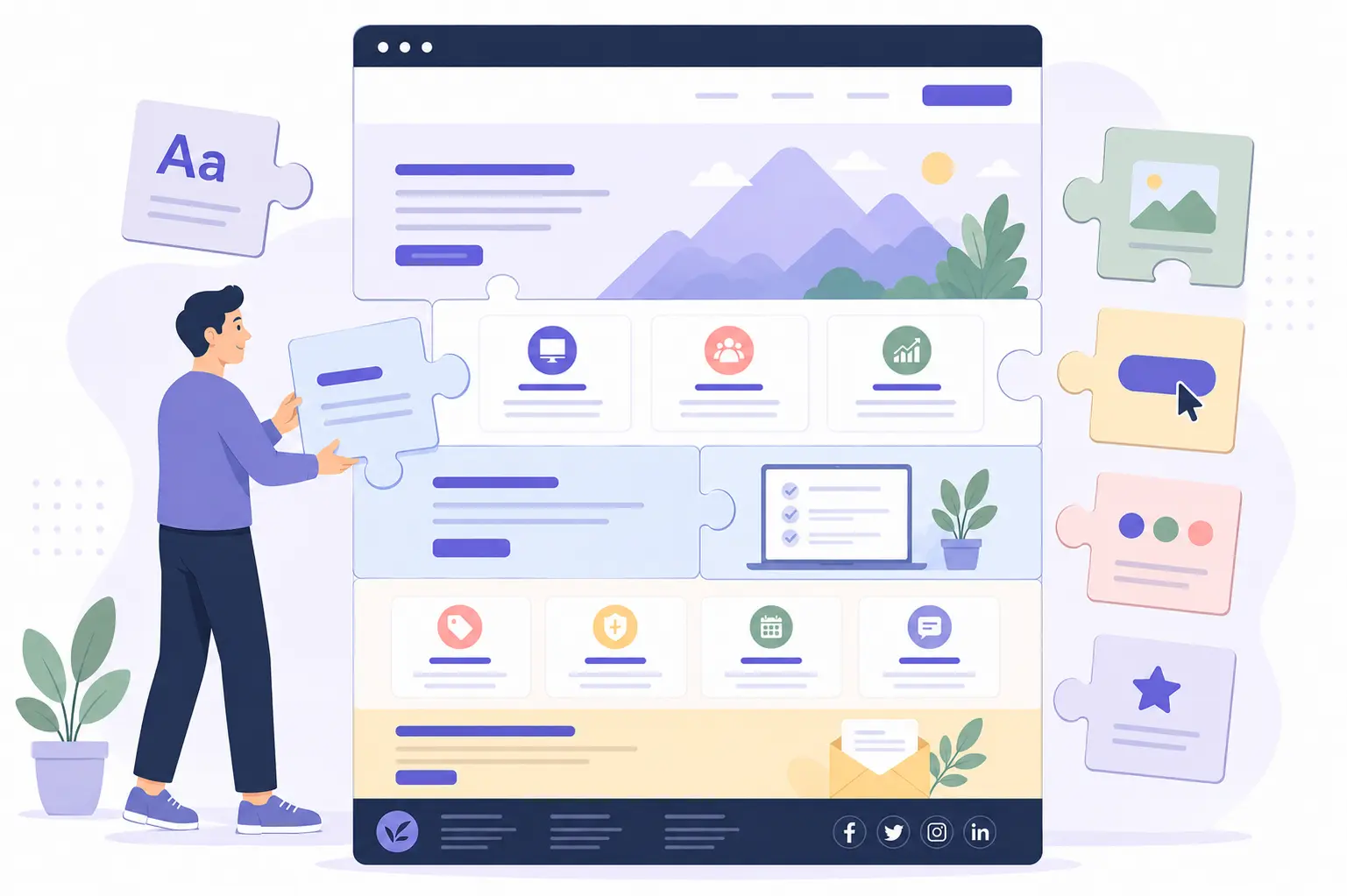 Illustratie van een website die wordt opgebouwd uit consistente onderdelen zoals tekst, afbeeldingen, knoppen, kleuren, kaarten en contentblokken voor een professionele en uniforme uitstraling.