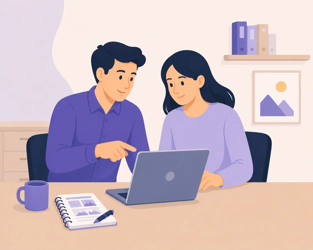 Illustratie van een webdesigner die samen met een klant een website bekijkt op een laptop tijdens ondersteuning en advies na de websiteoverdracht.