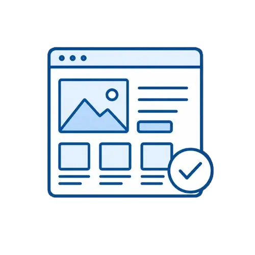 Pictogram van een professionele website met een vinkje dat staat voor slimme webdesignprocessen, efficiënte ontwikkeling en een kwalitatieve website tegen lagere kosten.