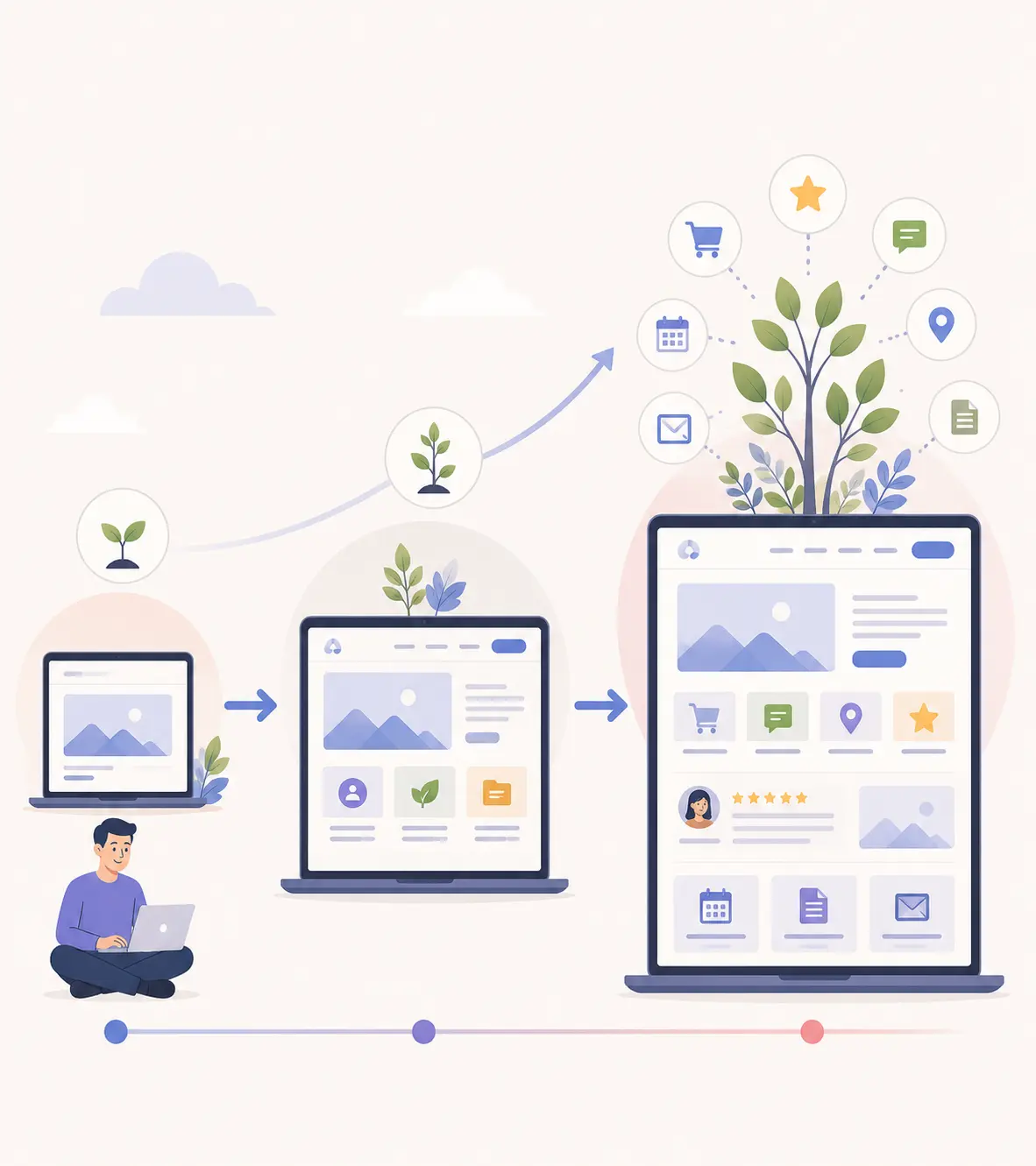 Illustratie van een website die stap voor stap uitgroeit van een eenvoudige basiswebsite naar een uitgebreide maatwerkwebsite met extra functies, pagina's, reviews, contactmogelijkheden en online diensten.