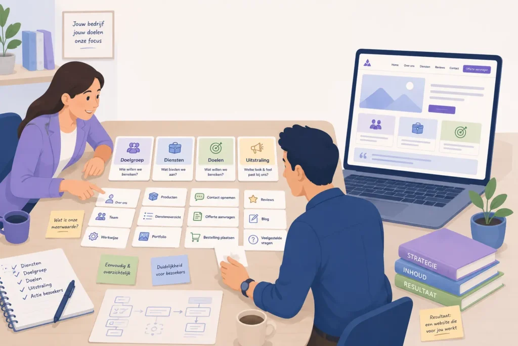 Illustratie van een webdesigner en ondernemer die samen de structuur, inhoud, doelgroep, diensten, doelstellingen en uitstraling van een maatwerkwebsite bepalen voordat de website wordt ontwikkeld.
