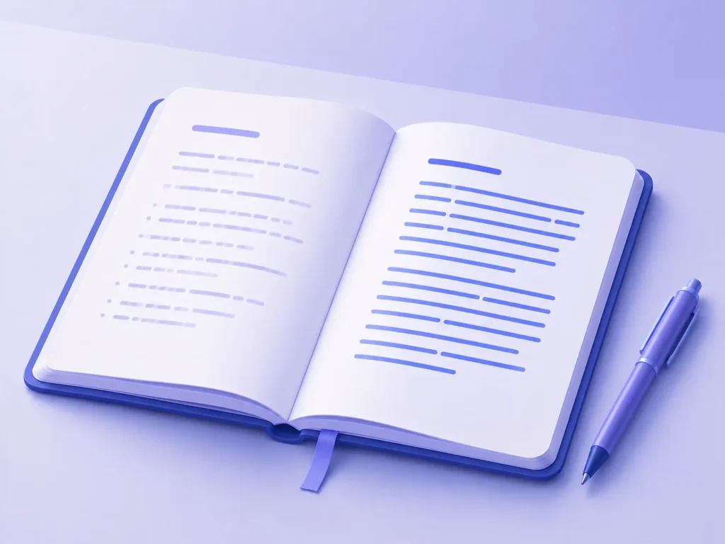 Open boek met geschreven tekst en pen als symbool voor het schrijven, controleren en verbeteren van webteksten met ondersteuning van kunstmatige intelligentie.