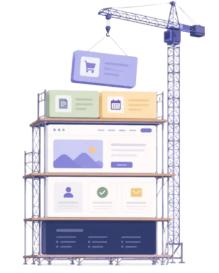 Illustratie van een website in aanbouw met een bouwkraan die nieuwe onderdelen toevoegt, als symbool voor een uitbreidbare en toekomstbestendige website die meegroeit met een onderneming.