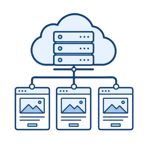 Pictogram van een cloudserver die meerdere websites verbindt en centraal host, als symbool voor efficiënte webhosting en lagere hostingkosten.