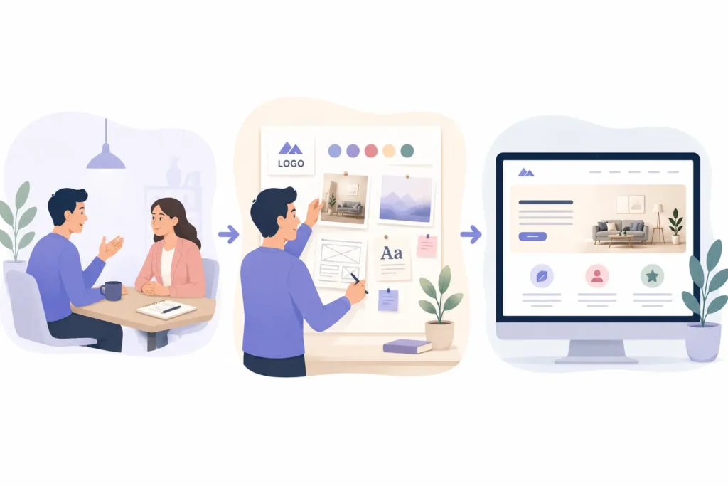 Illustratie van een webdesignproces waarbij een gesprek met de klant overgaat in het ontwerpen van een huisstijl en uiteindelijk resulteert in een professionele maatwerk website op een computerscherm.