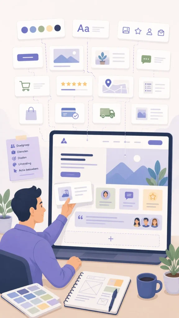 Illustratie van een webdesigner die kleuren, typografie, iconen, afbeeldingen en verschillende websiteonderdelen samenvoegt tot een consistente maatwerkwebsite in de huisstijl van een onderneming.