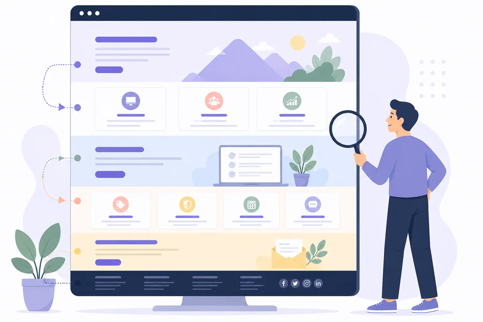 Illustratie van een website met verschillende achtergrondkleuren, kaarten, containers en informatieblokken die zorgen voor een overzichtelijke pagina-indeling en betere leesbaarheid.