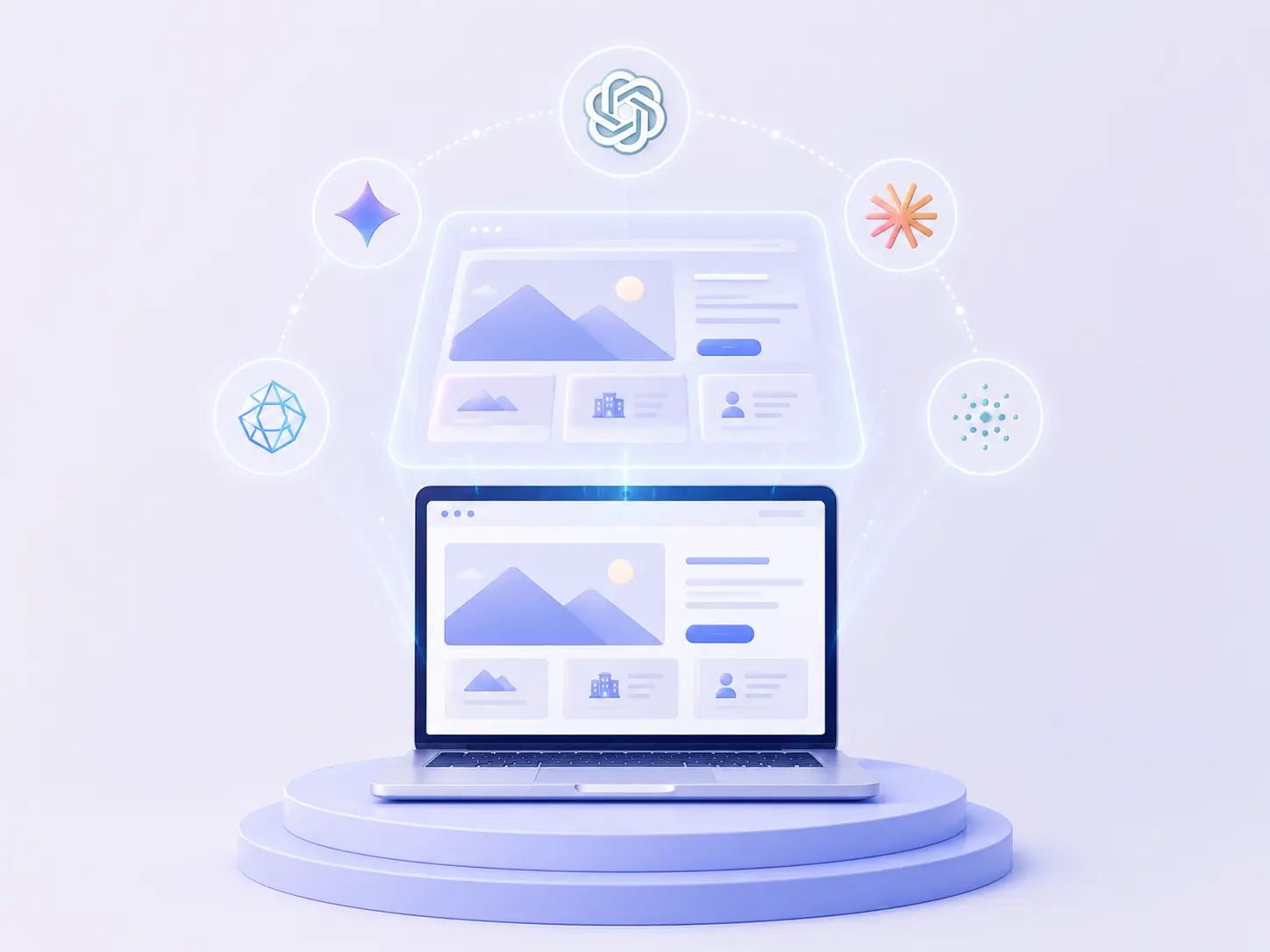 Illustratie van een professionele website op een laptop met AI-symbolen rondom als weergave van een AI-vriendelijke website die goed leesbaar en begrijpelijk is voor zoekmachines en AI-systemen.