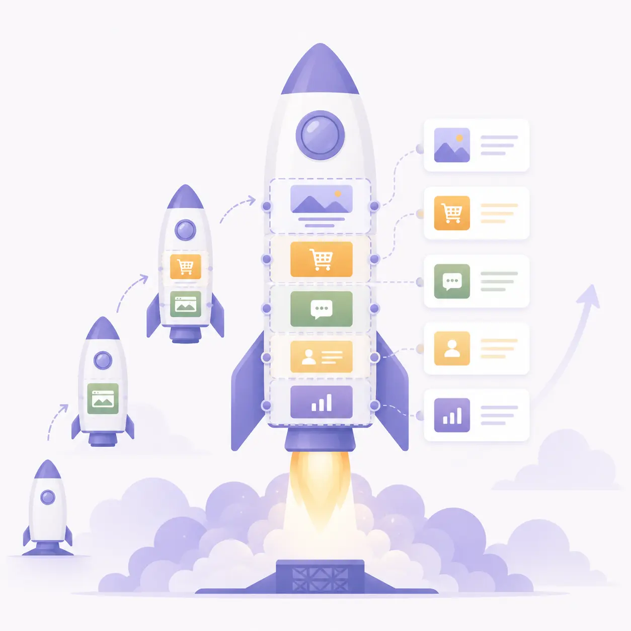 Illustratie van een raket die opstijgt terwijl nieuwe websiteonderdelen zoals een webshop, afbeeldingen, contactmogelijkheden, gebruikersprofielen en statistieken worden toegevoegd als symbool voor een uitbreidbare website.