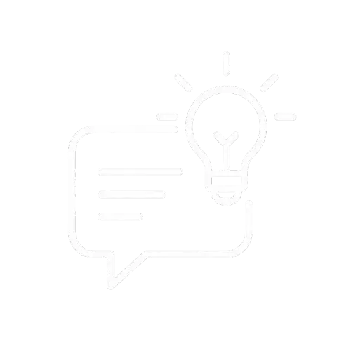 Pictogram van een tekstballon met een gloeilamp als symbool voor AI-ondersteund advies, creatieve ideeën en slimme oplossingen tijdens het webdesignproces.