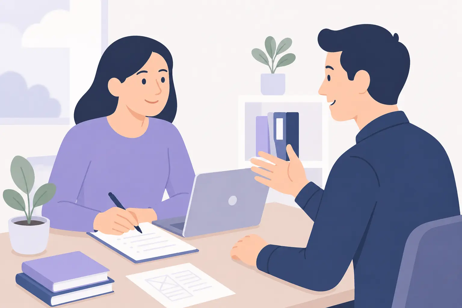 Illustratie van een persoonlijk kennismakingsgesprek tussen een ondernemer en een webdesigner om wensen, doelen en de website gezamenlijk te bespreken.