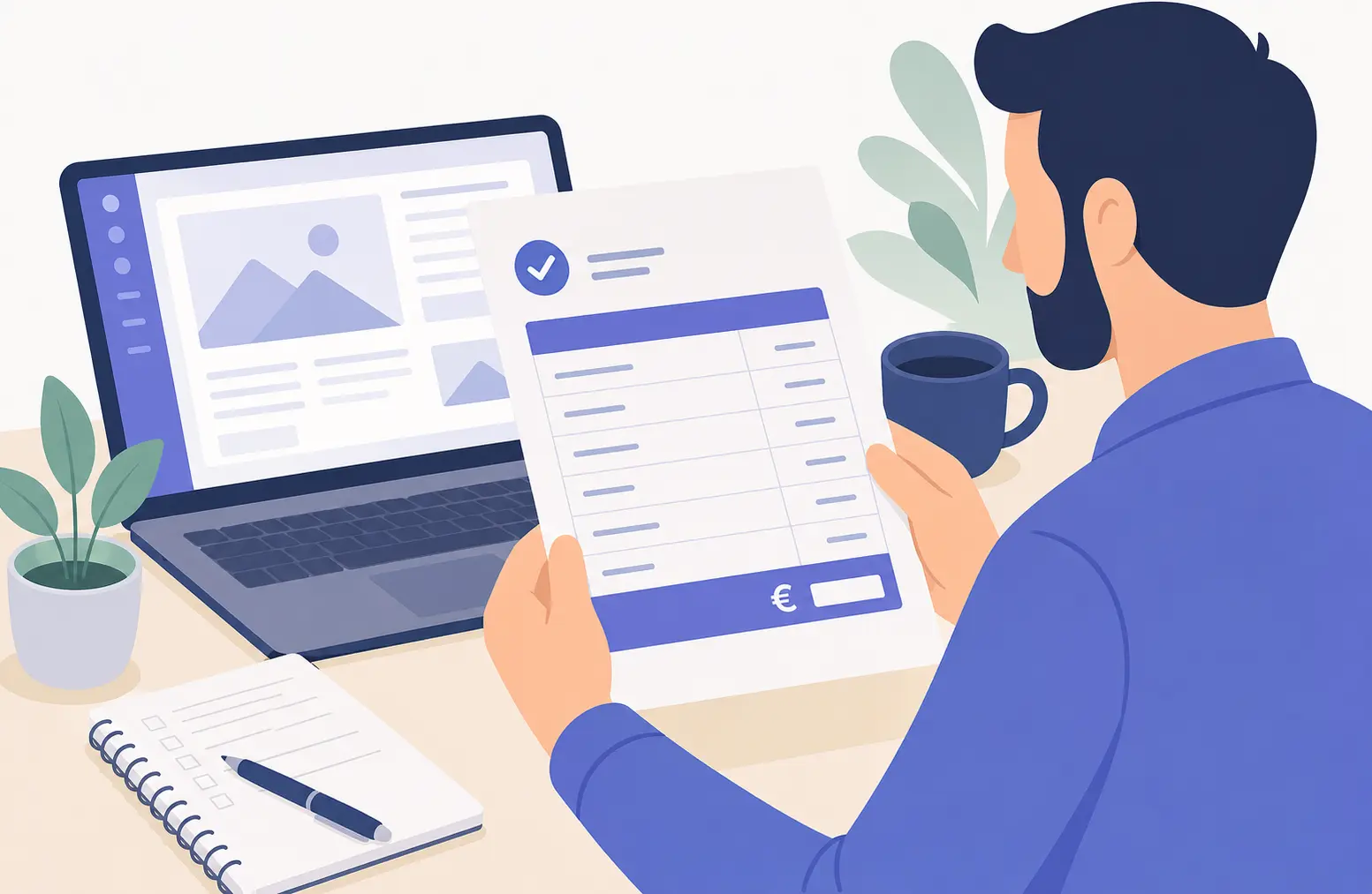 Illustratie van een ondernemer die een prijsopgave bekijkt naast een laptop met een professionele website, als symbool voor vaste prijzen en transparante webdesign offertes.