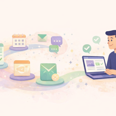 Illustratie van een digitaal werkproces waarbij taken, berichten en planning stap voor stap via een laptop en online tools worden verwerkt in één overzichtelijke workflow.