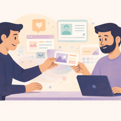 Twee personen werken samen aan een website, delen ideeën en content via een laptop en schermen, visuele elementen tonen overleg, afstemming en samenwerking bij webdesign.