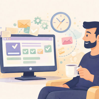 Illustratie van een ondernemer die ontspannen met een kop koffie zit terwijl een website op een scherm automatisch taken afhandelt zoals contact, planning en overzicht, als ondersteuning van bedrijfsprocessen