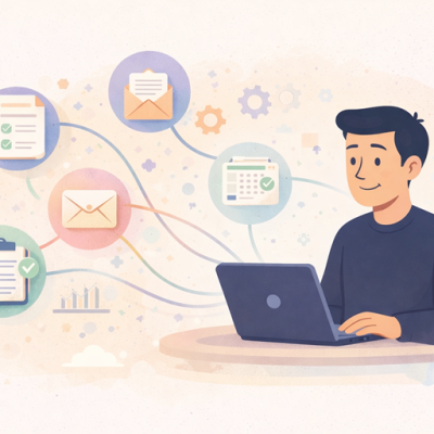 Illustratie van ondernemer achter laptop met visuele iconen van e-mail, taken, formulieren en workflows die laten zien hoe websiteprocessen inzichtelijk worden gemaakt