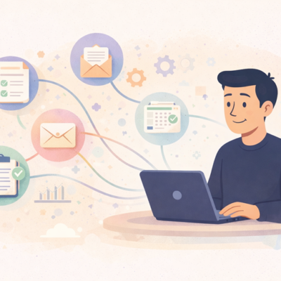 Illustratie van ondernemer achter laptop met visuele iconen van e-mail, taken, formulieren en workflows die laten zien hoe websiteprocessen inzichtelijk worden gemaakt