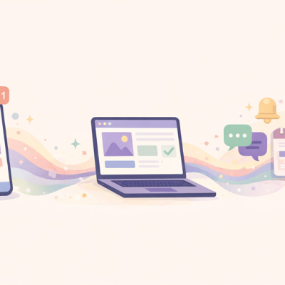 Illustratie van een smartphone met social media feed, een laptop met website en een chat- en kalendericoon die met een gekleurde stroom verbonden zijn, als weergave van hoe een website samenwerkt met social media en contactkanalen.