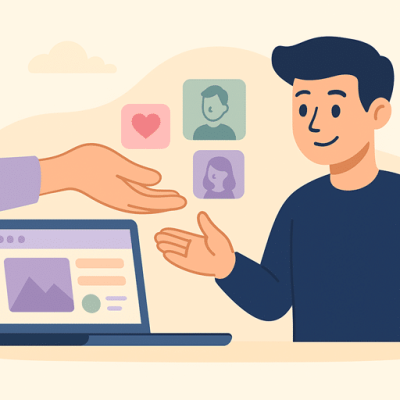 Illustratie van een persoon die een website bekijkt terwijl er symbolen van klanten worden aangereikt, als metafoor voor hoe een website klanten aantrekt.