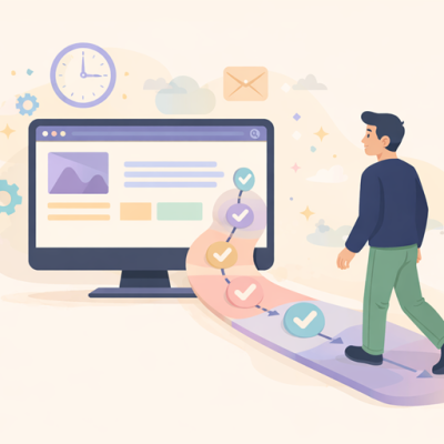 Illustratie van een ondernemer die stap voor stap wordt begeleid door een overzichtelijke website met duidelijke onderdelen, vinkjes en structuur, als symbool voor transparantie in websiteprijzen en heldere communicatie.