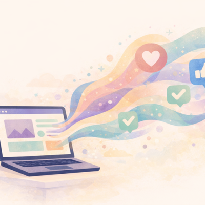 Een laptop op een bureau waar gekleurde golven met hartjes, vinkjes en duimpjes uit het scherm stromen, als visuele weergave van emotie, vertrouwen en snelle beslissingen bij websitebezoekers.
