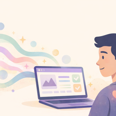 Een persoon kijkt naar een website op een laptop waar zachte vormen en kleuren uit het scherm komen, als visuele weergave van branding, gevoel en vertrouwen op een website.