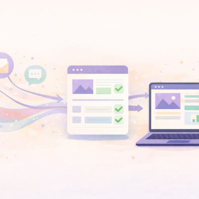 Illustratie van digitale formulieren die losse berichten zoals e-mails en chats omzetten naar een gestructureerde workflow met automatische verwerking en overzicht in een dashboard