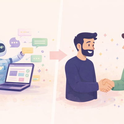 Illustratie van een robot die automatische berichten verstuurt via een laptop tegenover twee mensen die elkaar een hand geven, als visualisatie van persoonlijk contact versus automatisering binnen website communicatie en klantrelaties.