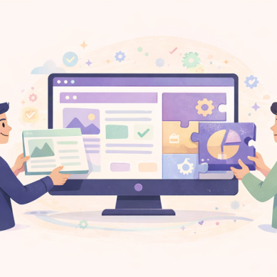 Illustratie van twee personen die een website op een groot scherm aanpassen met modulaire elementen en ontwerpblokken, als visuele uitleg van wanneer maatwerk webdesign nodig is tegenover een template website.