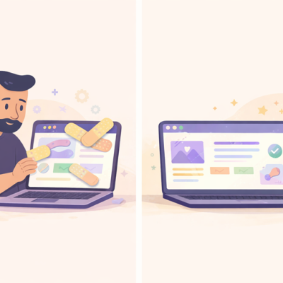 Illustratie van ondernemer die een website repareert met pleisters tegenover een vernieuwde overzichtelijke website, als visuele vergelijking tussen website optimaliseren en redesignen