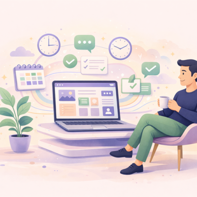 Illustratie van ondernemer die ontspannen werkt met laptop terwijl planning, communicatie en taken overzichtelijk rond de website samenkomen als ondersteuning voor bedrijfsprocessen.