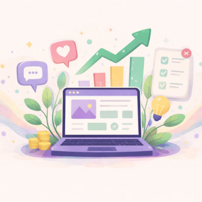 Illustratie van een laptop met website-interface waaruit een stijgende grafiek, checklist, chat-icoon, hartje, munten en gloeilamp omhoogkomen als symbool voor een website die meer doet dan alleen een online visitekaartje en actief bijdraagt aan groei en klantcontact.